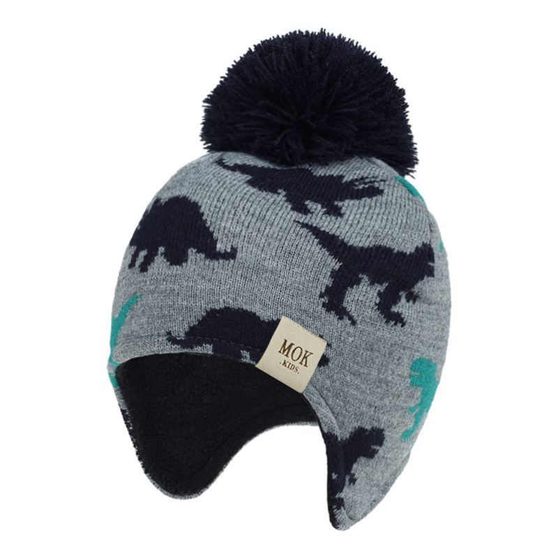 

Kids Hat Baby Beanies Kid Winter Hats Dinosaur Jacquard Bonnet Acrylic Hat Soft Nap Inside Warm Bomber Hat, Dark grey