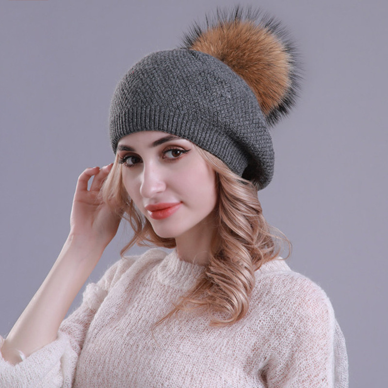 

Berets Winter Knitted Hat Women Warm Double Layer Wool Beret Painter Beaine With Ball, As picture