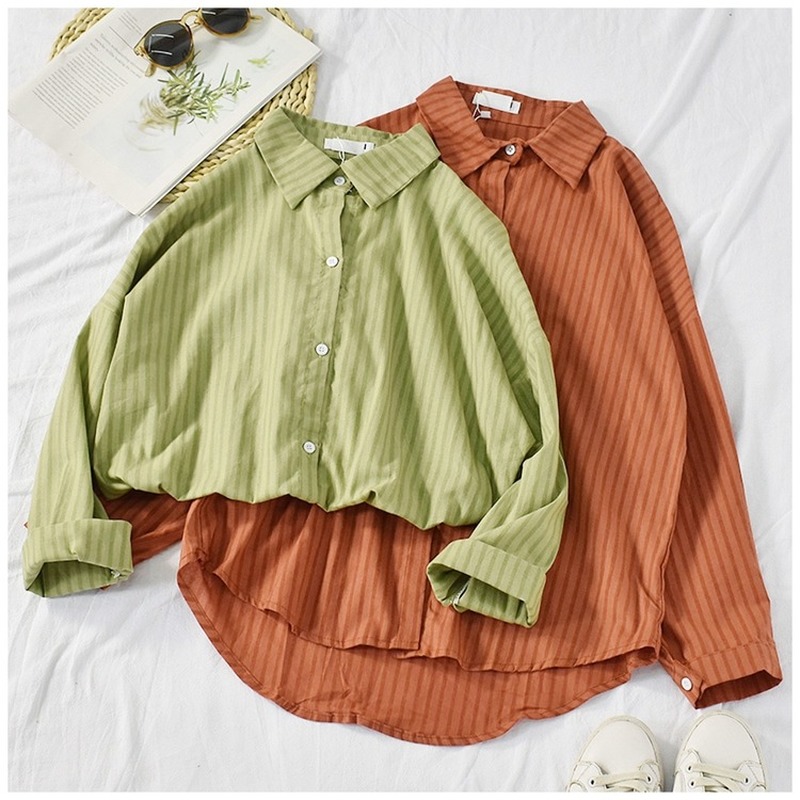 

Striped Blouses Women Shirts and Tops Casual Long Sleeve White Black Office Lady Blusas Loose Outwear 2020 Spring Autumn Shirts, Green