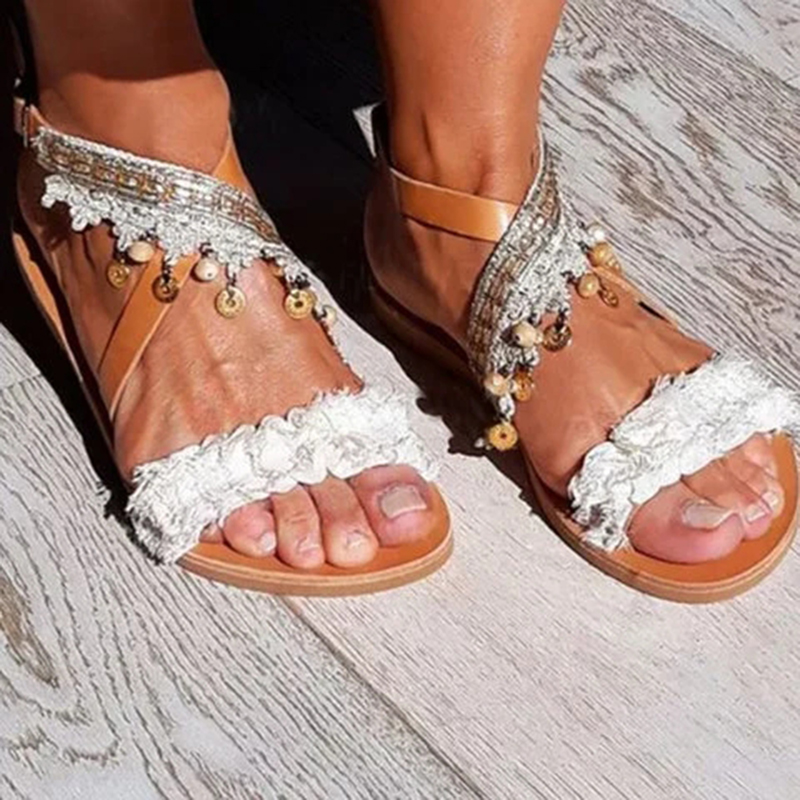

Women Summer Casual Boho Pearl Sandals Female Peep Toe Ankle Strap 2020 Fashion Beach Sandals Ladies Back Strap Flat Shoes D30, White