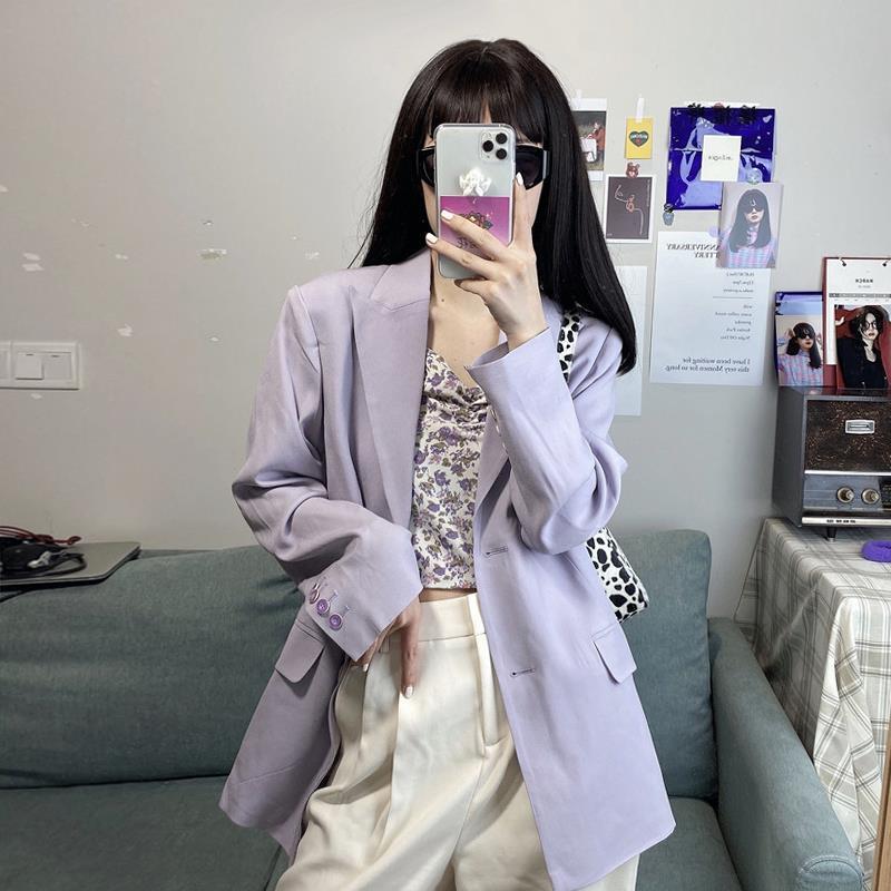 

Bella Philosophy Spring Basic jacket Fashion Loose blazer Casual Chic Single Breasted blazer Vintage Pocket Purple coat Outwears