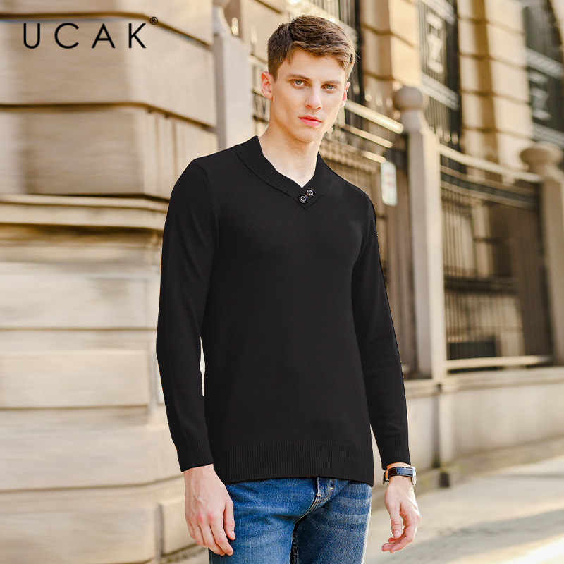 

UCAK Brand Cotton V-Neck Sweater Men Colthing Autumn Winter New Arrival Streetwear Slim fit Pullover Pull Homme Clothes U1217, Black