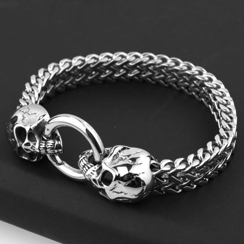 

Punk Style Silver Color Skull Bracelets 316L Stainless Steel 4 Size for Men's Charms 12MM Wide Heavy Figaro Chain Bracelets