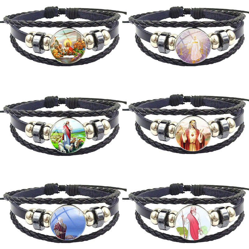 

Jewelry Black Leather Bracelet Bangle With Glass Cabochon Jewelry For Schoolgirl Maxi Jesus Christ Christian