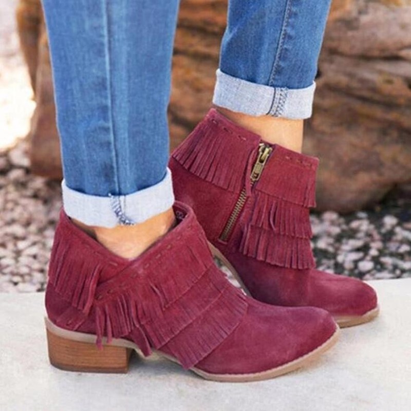 

Autumn Women Tassel Boots Ankle Fringe Flock Round Toe Zip Low Square Heel Rubber Sole Casual Retro Dress Shoes Ladies Female, Black