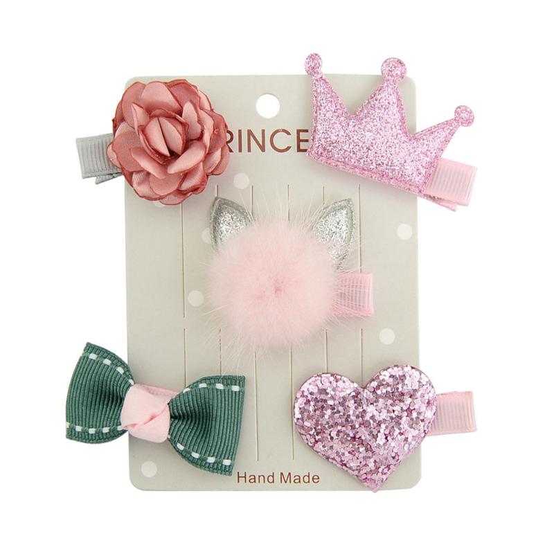 

5Pcs/Set Baby's Girl Hairpin Headwear Hair Clip Set Cute Headwear Cartoon Design Infant Bow Flower Mini Barrettes Decor, Gray