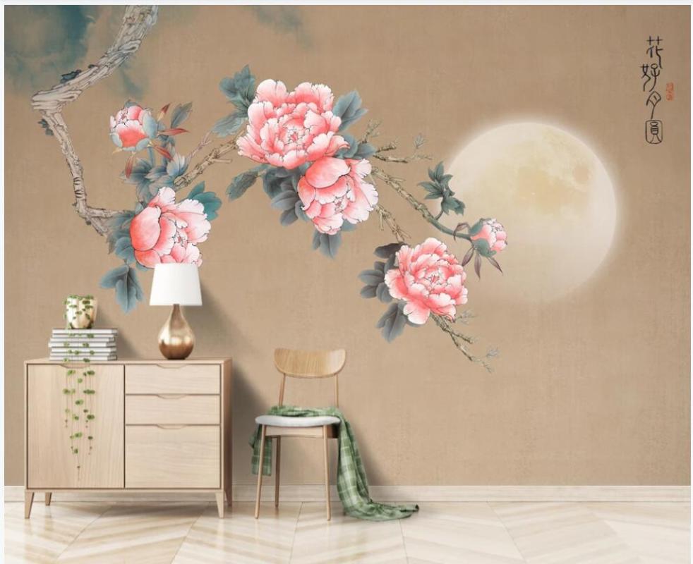 

wall paper 3 d custom any size 3d wall mural on the Chinese style peony flower moon photo wallpaper in the living room, Non-woven wallpaper