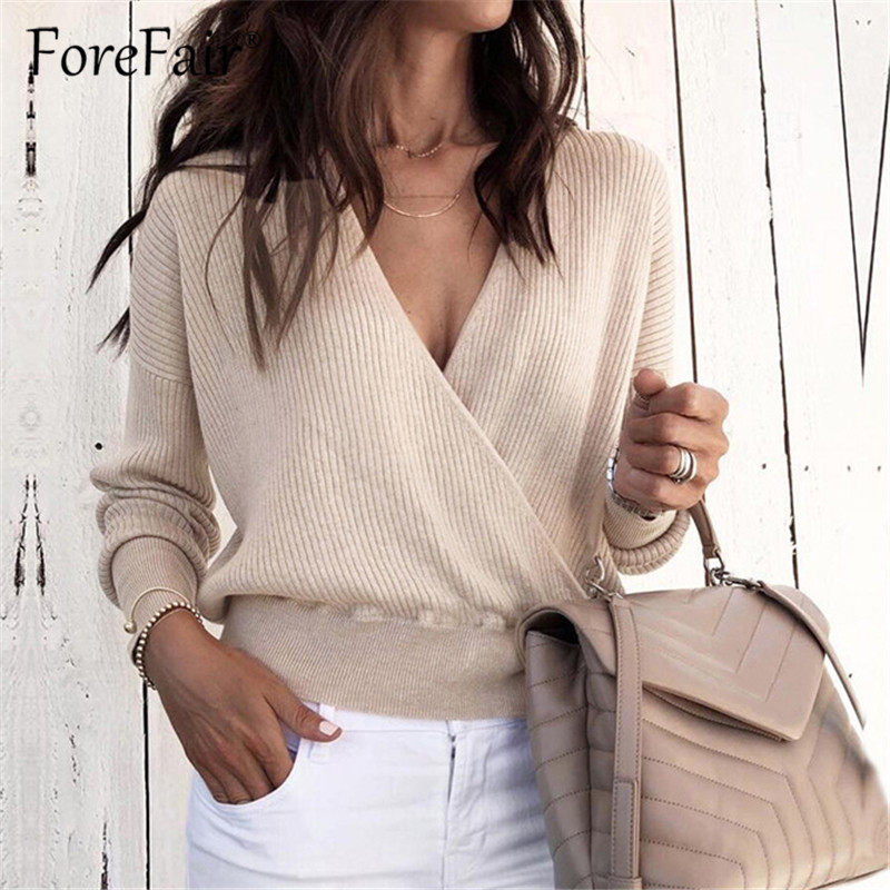 

Forefair Knitted T Shirt Women Top Autumn Criss-Cross V Neck Long Sleeve T-shirt Female Knitwear Casual Tops Tees, Black