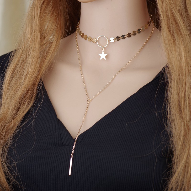 

Fashion double-layer five-pointed star copper sheet wheat ear clavicle ins the same blogger hollow tassel collar necklace