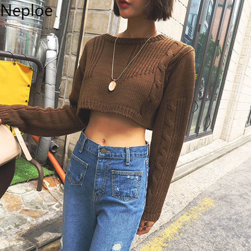 

Neploe 2020 Autumn Winter Women Sweater High Waisted Short Cropped Knitted Pullover Korean Twisted Long Sleeve Pull Femme 4D753, Black