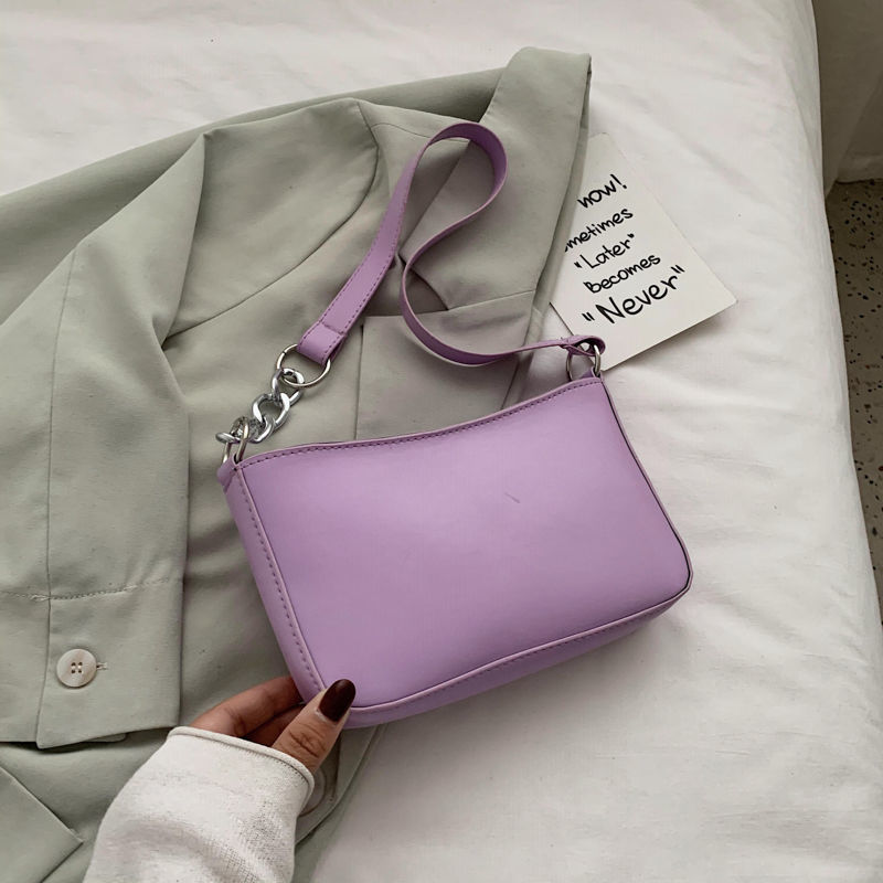 

Vintage PU Leather Ladies Armpit Bag Fashion Women Chain Shoulder Bag Baguette Handbags Simple Female Daily Clutch Purse Bolsas, Black