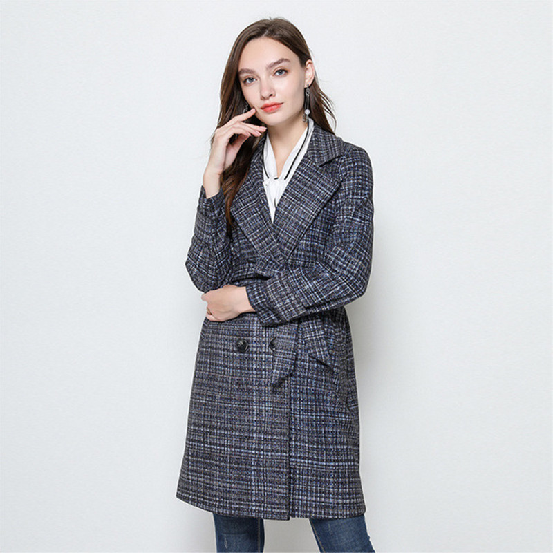 

Women Windbreaker Autumn Winter Plaid Trench Coat Mid-Long Suit Collar Double-breasted Belt Fashion Overcoat Plus Size 5XL, Photo color