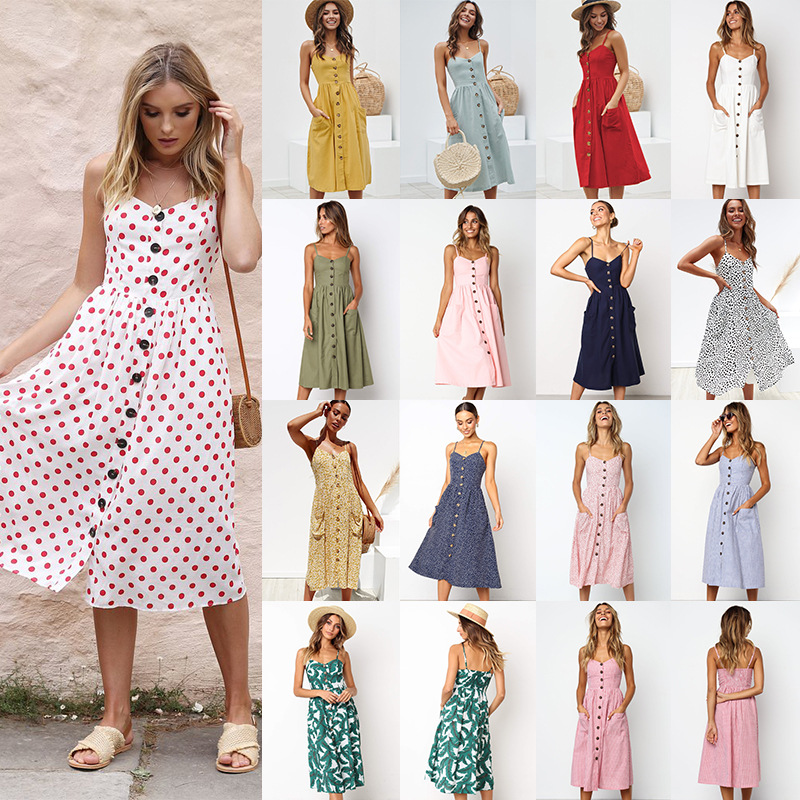 

Button Striped Print Cotton Casual Beach Summer Dress 2020 Sexy Spaghetti Strap V-Neck Off Shoulder Women Midi Dress Vestidos, Blue