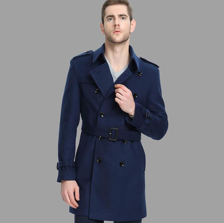 

Blue casual woolen coat men Double-breasted trench coats autumn winter long sleeves overcoat mens cashmere coat casaco england, Black