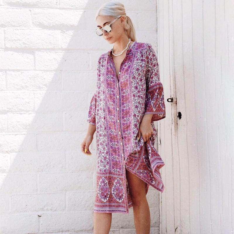 

Midi Tunic Three Quarter Bell Sleeve Dresses Women Button-up Chic Boho Casual Beach Casual Dress Vestido, Pink