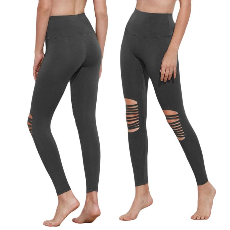 

High Elastic Women Long Pants Fashionable Knee Hollow Out Sports Tights Fitness Running Jogging Trousers Gym Slim Pants, Beige