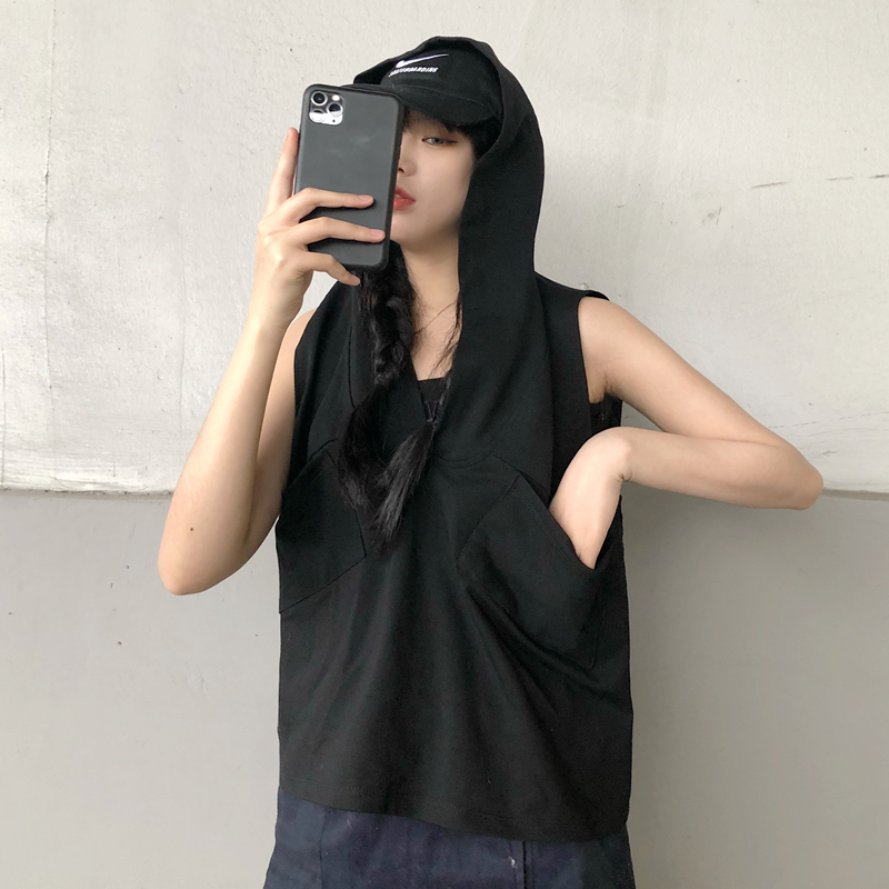 

Summer Woman Cotton Hooded Vest Sleeveless Female Sports Hoodie Waistcoat Solid Color Young Girls' Casual Cotton Vest Tops Tees, Black