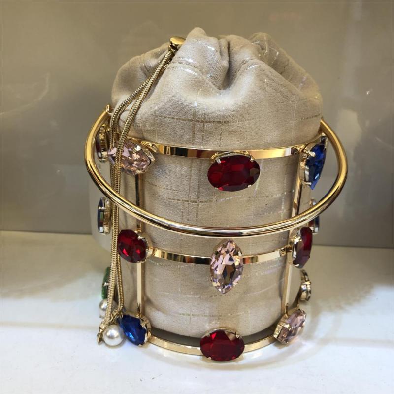 

Colorful Diamond Bucekt Bag Basket Evening Clutch Bags Women Hollow Out Beaded Alloy Metallic Cage Handbag Purse Ladies Dinner