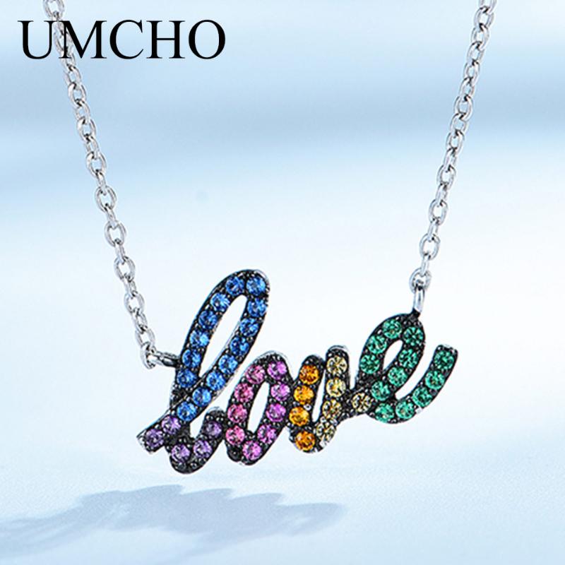 

UMCHO Colorful Gemstone LOVE Alphabet Sterling Silver Choker Statement Necklace Women Silver 925 Jewelry Valentine's Day Gift