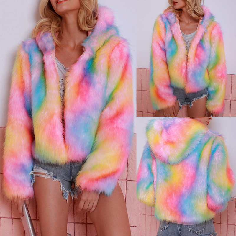 

Short Jacket For Women 2020 Autumn Winter Warm Hoodie Faux Fur Jacket Mujer Windproof Outwear Soft Shaggy Plus Size -3XL, Multi