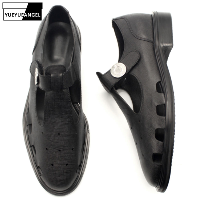 

2020 New Mens Retro T Style Buckle Summer Sandals Top Quality Genuine Leather Runway Block Heels Shoes Hollow Out Dress Shoes, As photo