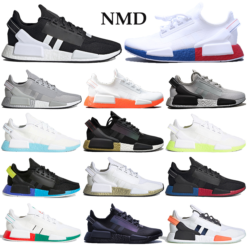 

2020 NMD R1 V2 runners Shoes Men Women primeknit Running Sneakers black white blue orange mexico city metallic gold Trainers with box, 4.white black
