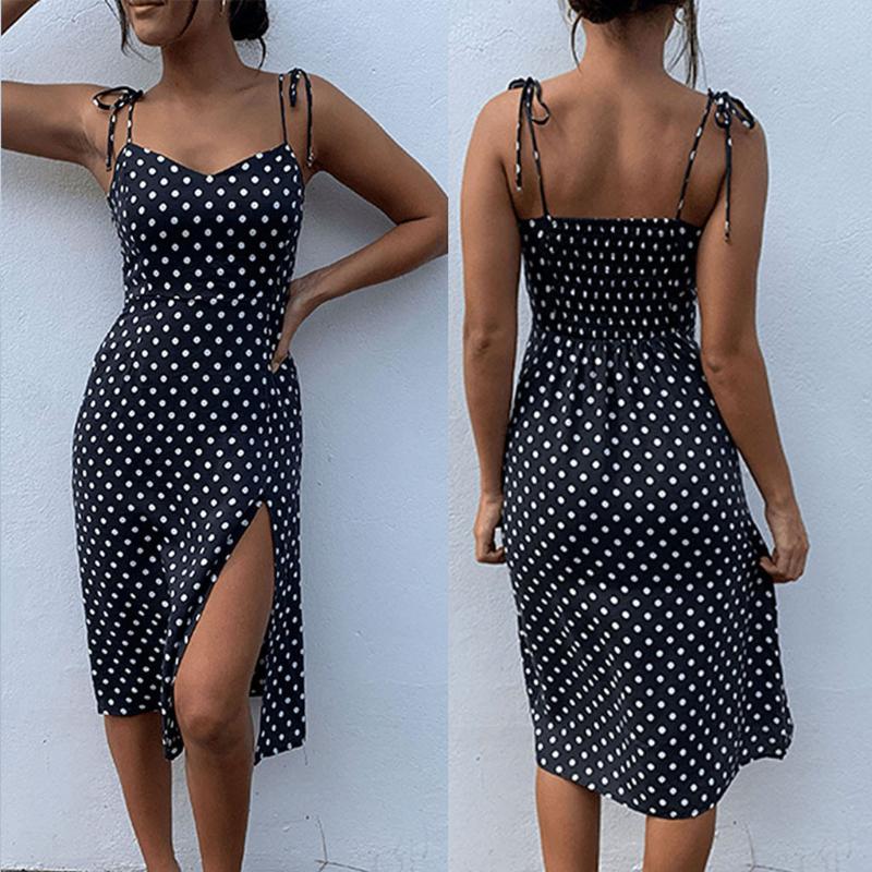 

2020 New Women High Waist Dress Summer Fashion Causal Boho Polka Dot Sleeveless V-Neck Knee-Length Polyester Female clothing, As photo