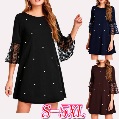 

2020 Summer Women New Fashion Plus Sizes -5X 3 Colors Polka Dot Flower Sleeves Solid Color A-line Casual Loose Dress S130037, Black