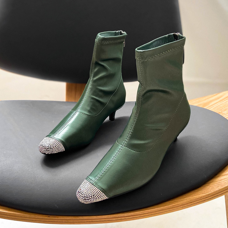 

DEAT 2020 New Spring Autumn Fashion Casual Rhinestone Black Square Toe High Heels Elastic Thin Leather Shoes Women Boots SF437