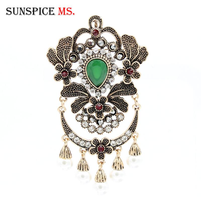 

Vintage Turkish Women Big Resin Simulated-Pearl Brooch Pin Flower Pendant Jewelry Antique Gold Color India Bride Ethnic Corsage