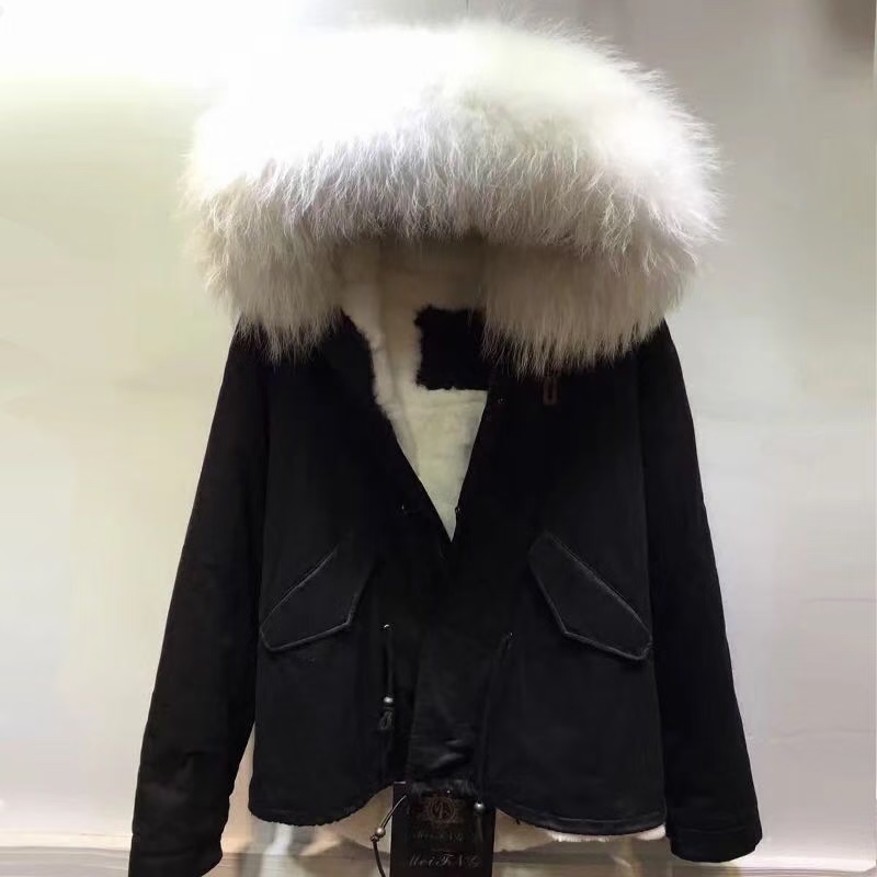 

Real pictures white raccoon fur meifeng white rabbit fur lining black mini jackets women warm coats fur parkas
