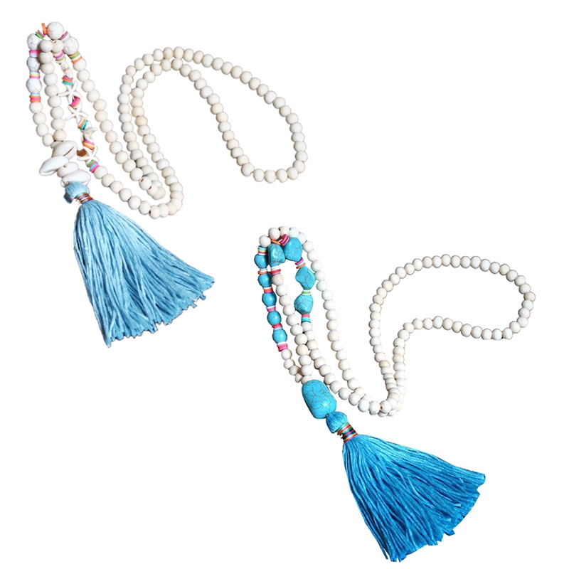 

New Colorful Tassel Pendant Necklace Multi-Shaped Stone Wooden Beads Jewelry Necklace Gift