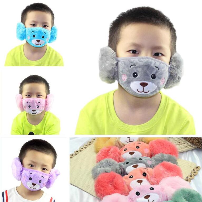 

2 In 1 Child Cartoon Bear Face Mask With Plush Ear Protective Thick And Warm Kids Mouth Masks Winter Mouth-Muffle For Party Favors