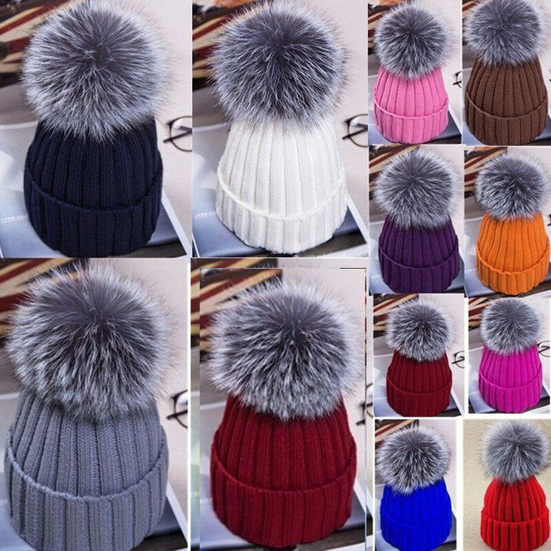 

Large Ball Womens Hat Winter 15cm Fur Pom Pom Knit Beanie Ski Cap Bobble, White