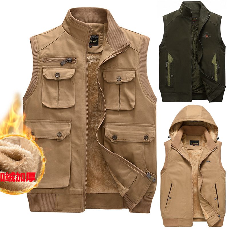 

Newest 2020 Autumn Winter Men Coat Warm Sleeveless Jacket Multi-pocket Hooded Casual Men Vest Coat Army Green Waistcoat Big Size