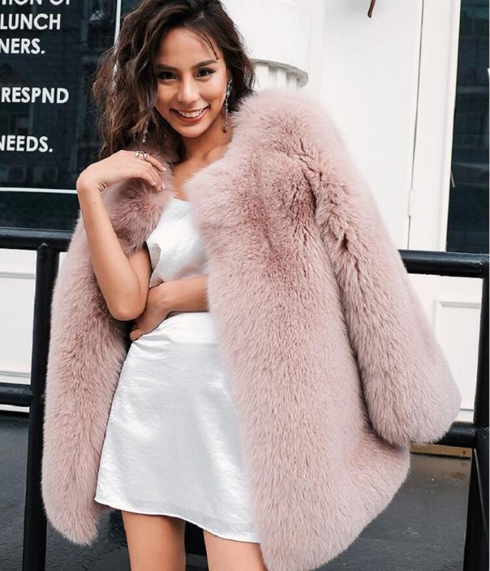 

Genuo New 2020 Long Sleeve Faux Fur Coat Top Quality Elegant Sexy Party Night Club Warm Winter Coat Women, Pink