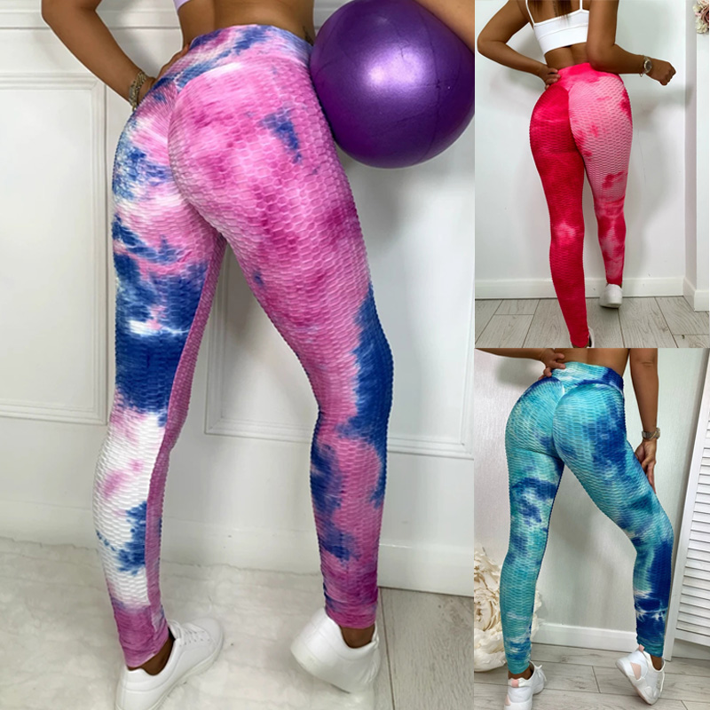 

Sexy Women Yo-ga Pants Women Leggings Tie Dye Sports Running Leggings Sexy Push Up Gym Wear High Waist Fringe Elastic Slim Pants, Blue