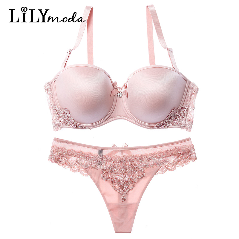 

Sexy Seamless Female Lingerie Women T-shirt Bra Briefs Set T back thongs Push Up 1/2 Cup Brassiere Bra and Underwear Panty Sets, Black