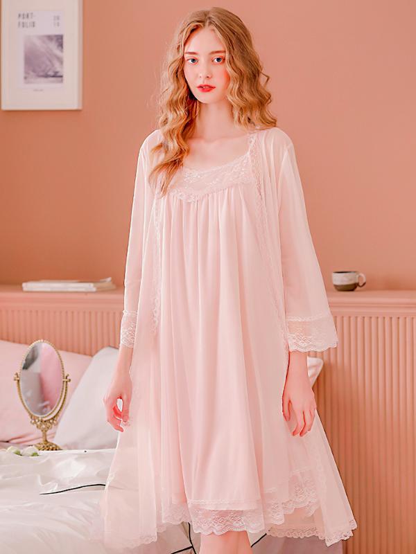

Wedding Robe gown Sleepwear Women' Cotton Long Nightgown Nightwear Long Sleeve Night Dress Women Sleepshirts lingerie set, Pink