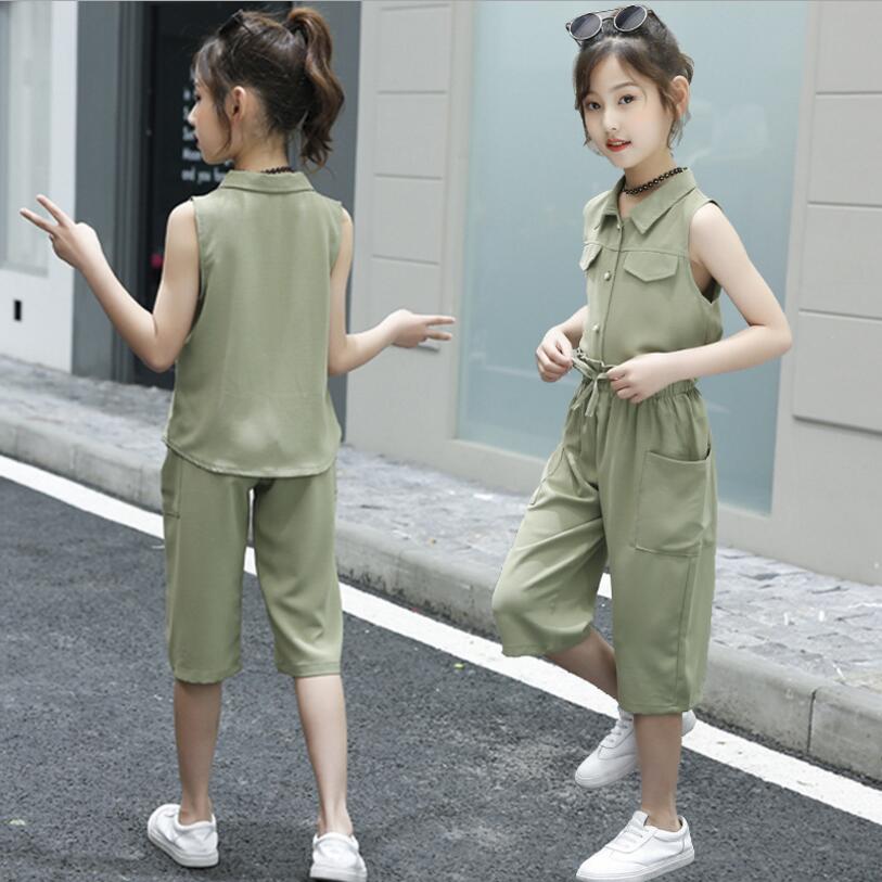 

Girl Clothes 2020 Summer Short Sleeved Shirt + Pants 2Pcs Suits For 4-12Yrs Girls Children Clothing, Brown