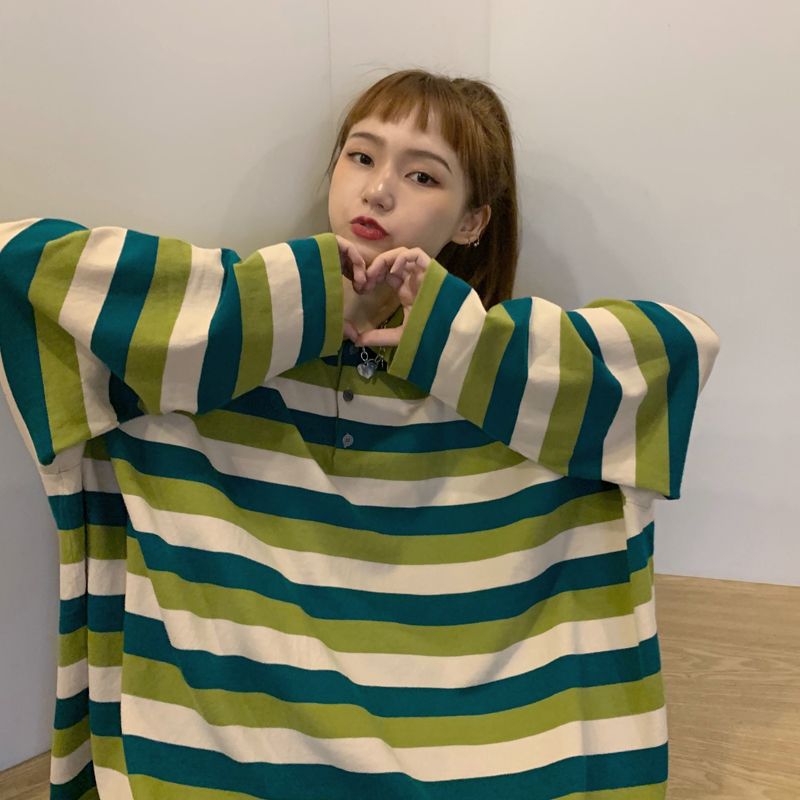 

2020 autumn new sports shirt loose retro striped collar long sleeve pullover sweatshirt women simple fashion, Blue