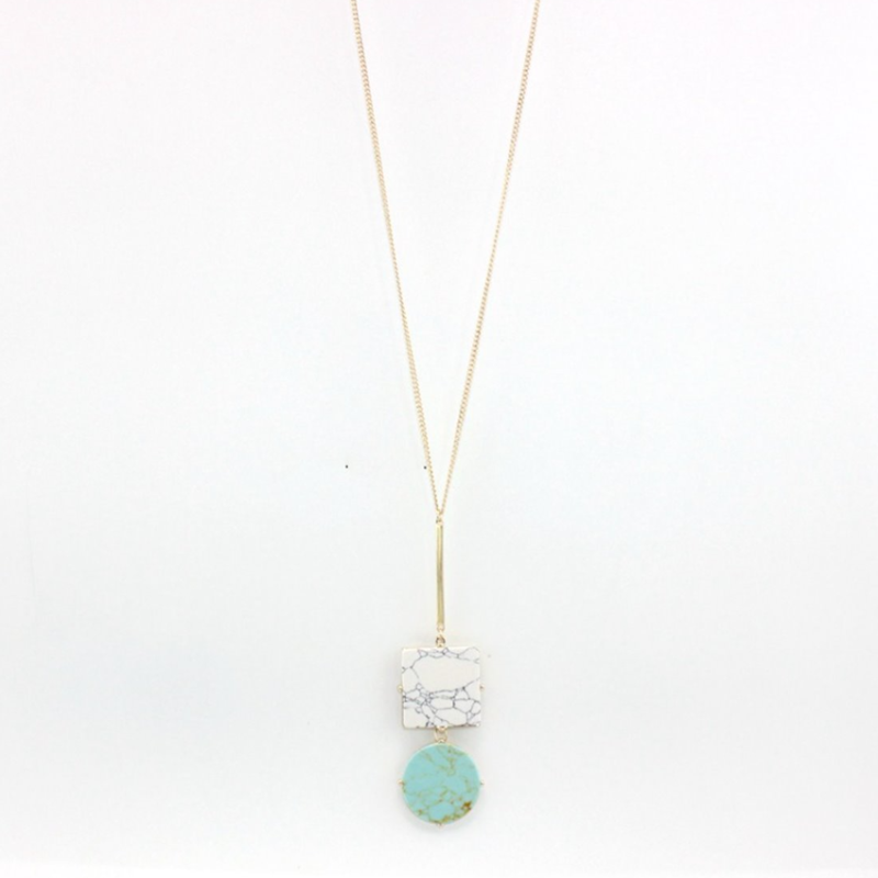 

Light Yellow Gold Color Layer Round Green Turquoises Pendant Link Chain Necklace Square White Howlite Stone Jewelry