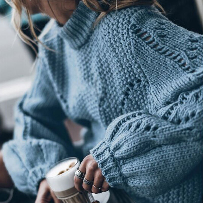 

Turtleneck Hollow Out Knit Women' Sweater Pullover 2020 Winter Solid Lantern Sleeve Jumper For Women Crochet Female Sweaters, Lake blue