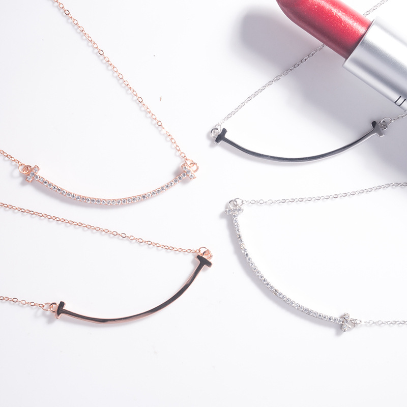 

New 925 silver Chain Lover Smile Necklaces women necklace Fashion Trendy T shape Pendants Model crystal pendant necklace