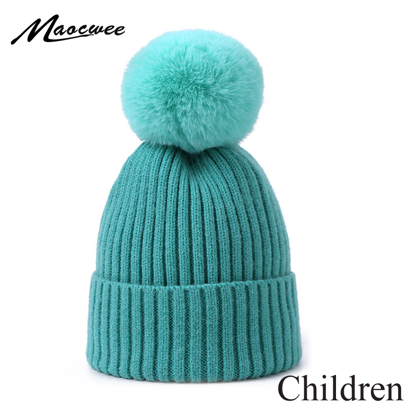 

Winter Pompom Hat Knitted For Children Unisex Solid Color Kids Warm Thick Crochet Slouch Hat Baby Cap For Girls Boys Beanies