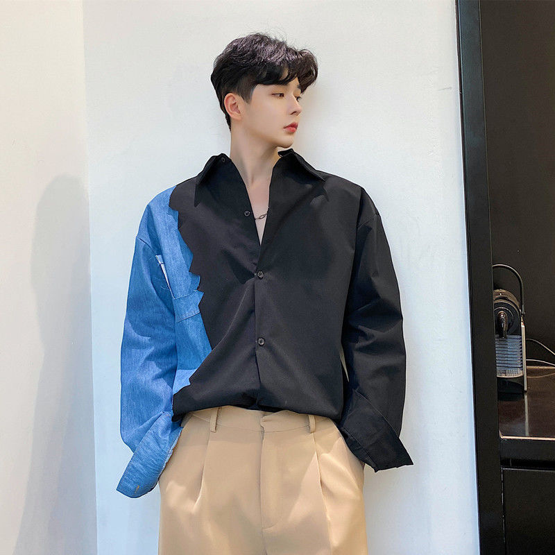 

men's wear Niche design color block patchwork white shirt male's Korean style fashion loose summer long sleeve tops 9Y2786, Black