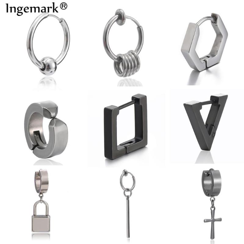 

Black Multiple Styles Stainless Steel Titanium Hoop Earrings For Men and Women Punk Boho Gothic Street Hip Hop Ear Jewelry