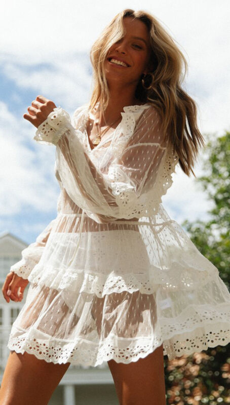 

Womens Beach Wear Bikini Cover Up Beachwear Swimwear Kaftan Lady Summer Dress Clear White Long Sleeve Lace Straight Loose Dress