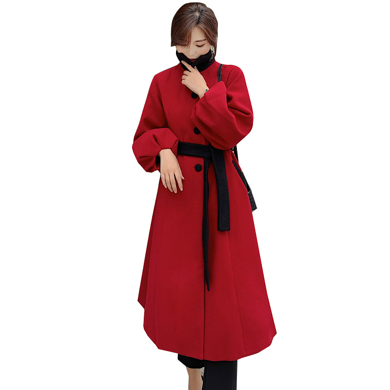 

2020 Red Long Lantern Sleeve Singer-breasted Casual Plus Size Wool Fall Jacket Elegant Ladies Autumn Winter Woolen Women' Coat