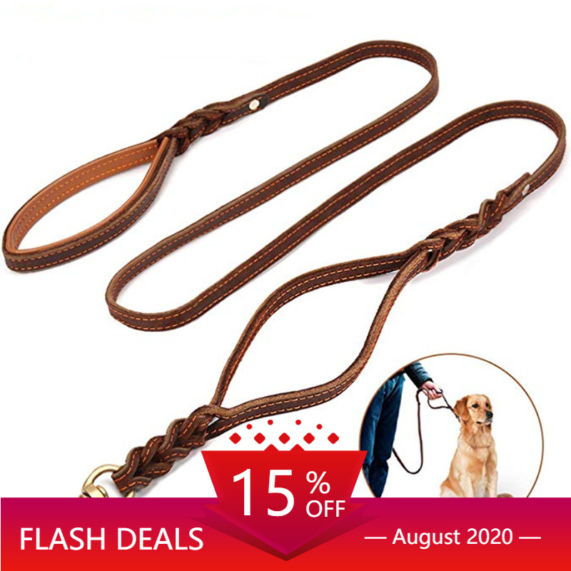 

Braided Real Leather Dog Leash Double Handle pet Walking Training Leads Long Short rope for German Shepherd Medium Large Dogs